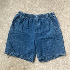 Denim blue jean shorts with an elastic waistband